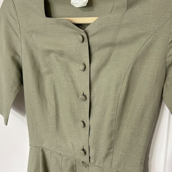 Vintage Laura Ashley Sage Green Linen Cotton Blend Pleated Dress - Picture 3 of 8